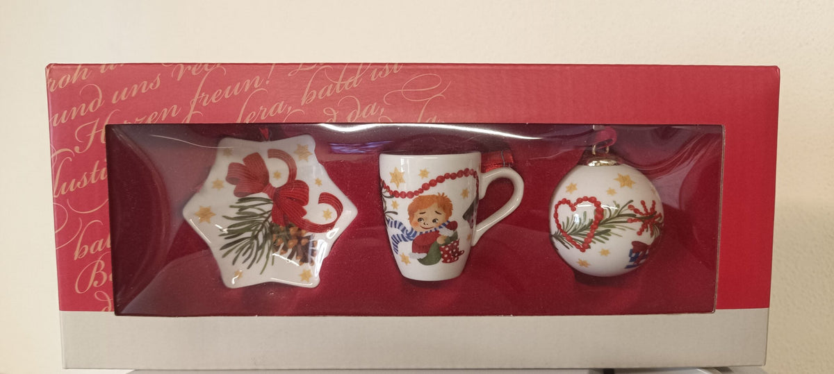 Hutschenreuther Mini Christmas Decoration Set: Star-shaped Plate, Handled Glass and Porcelain Bauble