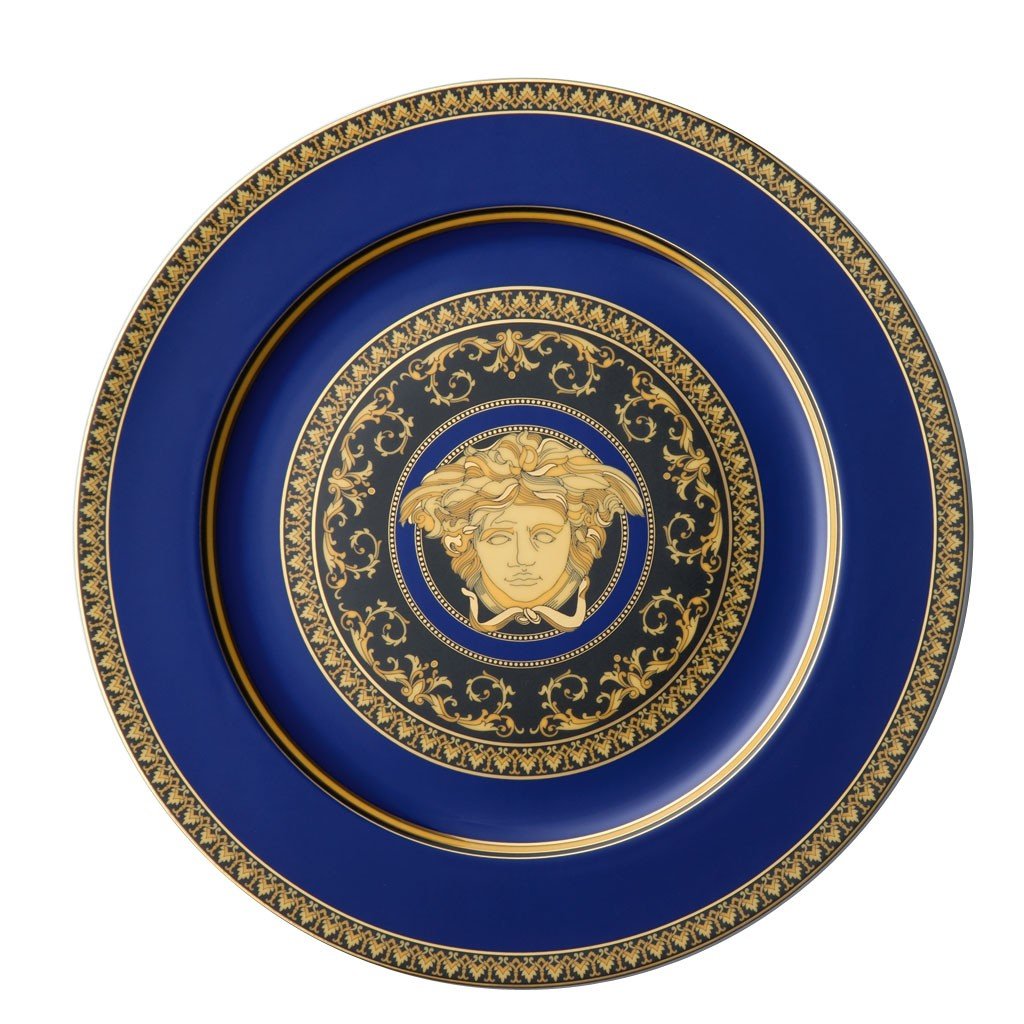 Versace Rosenthal porcelain plate, blue Medusa design with gold trim, 19300-409620-10230