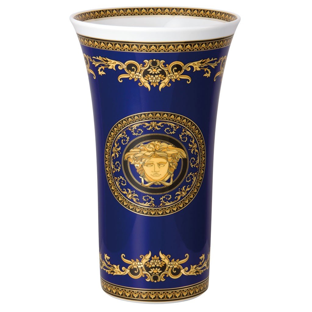 Versace Rosenthal porcelain vase with blue Medusa design and gold finish 14091-409620-26034